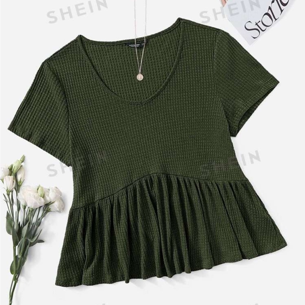 3x shein army green rib knit peplum top